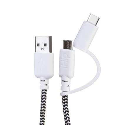 iHip Type C + Micro USB 2-in-1 Duo Cable 10 ft, Cute Cords Micro Type-C Duo Black & White Cable with Type C Convert Adapter, Charging Data Sync Cable for Both Micro USB Devices and Type-C Devices