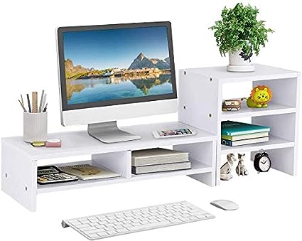 Estink Computer Monitor Stand Riser with Drawers, Universal Wooden Adjustable Laptop TV Desktop Monitor Stand, Storage Organizer Sit + 3-Layer Shelf for Laptop PC Computer Durable and Sturdy (White)