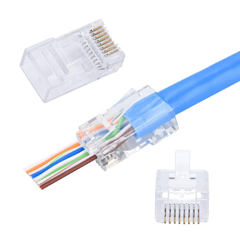 CAT6 RJ45 Pass Through Connector, NeoRannk 100-Pack CAT6 Ends, Gold Plated Contacts, Transparent Ethernet Cable Crimp Connectors UTP Network Plug for Solid Wire and Standard Cable