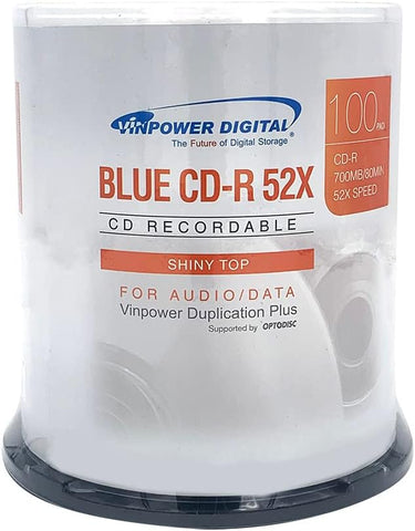 Vinpower Digital Blue AZO CD-R 700MB 52X Shiny Silver Top Recordable Media Disc - 100pk Cake Box 16M-115-BX (FFB), 100 Discs