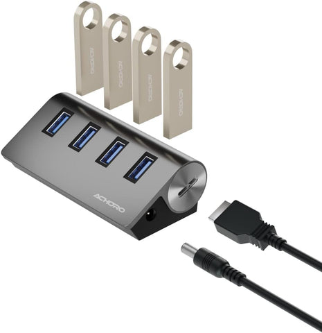 ACHORO 4 Ports High-Speed Powered USB Hub – A Efficient Computer Data Transfer Powered USB 3.0 Hub – Premium Quality Aluminium Alloy External USB Port with Extra USB Ports for Mac & PCs (Gray)