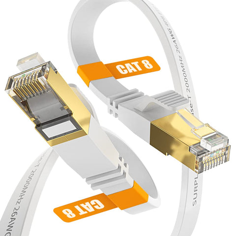 Cat8 Ethernet Cable 6FT-White-40Gbps Solid Conductor & Shielded & Ground Wire Internet Network Flat Patch Cord,Gold-Plated RJ45 Cat 8 LAN Line with Cable-Tie for PS5,Xbox,Hub,Router,PC,NAS