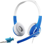 Volkano Kid-Friendly Volume-Controlled Headset, Adjustable Microphone for Elearning, Home School, 5.9 Inch Cable w/Adorable Animal Cable Protector, Smartphones, Computers [Blue] - Chat Junior Series