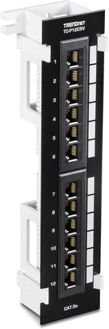 TRENDnet 12-Port Cat5e Unshielded Patch Panel, Wall Mount, Included 89D Bracket, Vertical or Horizontal Installation, Compatible with Cat5e & Cat6 RJ45 Cabling, Black, TC-P12C5V