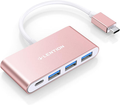 LENTION 4-in-1 USB-C Hub with 3 USB 3.0 and Type C Power Delivery Compatible 2023-2016 MacBook Pro 13/14/15/16, New Mac Air/Surface, ChromeBook, More, Multiport Charging Adapter (CB-C13se, Rose Gold)