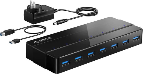 Powered 7-Port USB 3.0 Hub, ORICO USB Data Hub with 12V Power Adapter, Multi USB 3.0 Splitter with 3.3 Ft Long USB Cable for PC, Laptop, Keyboard, Mouse, HDDs and More-Black