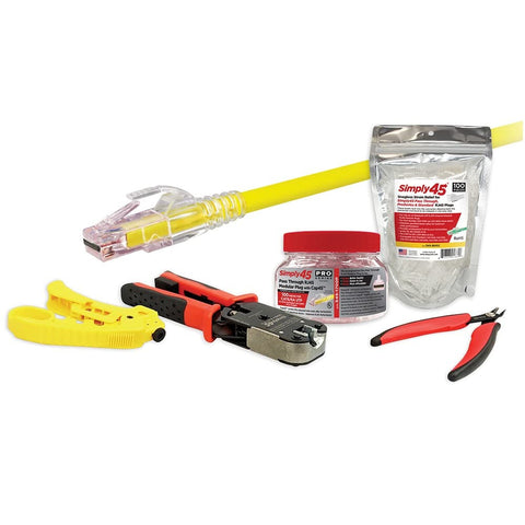 Simply45 ProSeries Cat6/6a UTP Starter Kit - Includes ProSeries Cat6/6a Unshielded Modular Plugs (100 Plugs), Flush Cutter Tool, Strain Reliefs (100-Pieces), Crimp Tool, Cable Stripper - S45-PSK6U