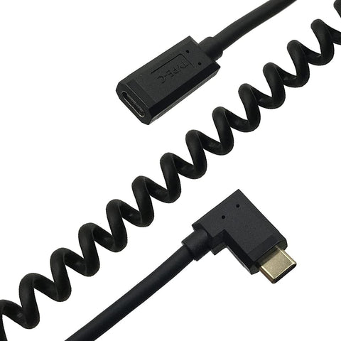 MMNNE Angled Coiled USB C Extension Gen2 Cable, 100W 5A Fast Charge, USB Type-C Male to Female Cable 10Gbps, Support 4K Video, Stretched 1-4 Feet