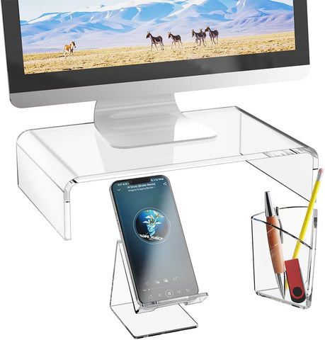 WALI Acrylic Monitor Stand, Desktop Riser Table Top with Storage Accessories, for Flat Screen LCD LED TV, Laptop, Notebook, Display and Office Supplies (ATT001), Clear