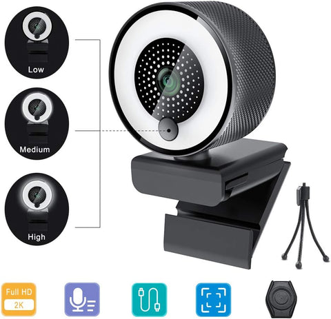 2020 2K Webcam with Ring Light Microphone, Advanced Auto-Focus, Adjustable Brightness with Touch Control, Web Camera for Windows Mac OS, Plug and Play, for Zoom, YouTube, Skype, Video Call, Conference