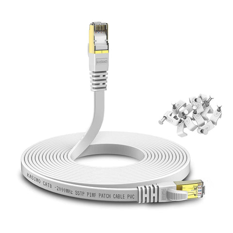 Cat 8 Ethernet Cable 50ft KASIMO Cat8 Flat Internet LAN Cable 40Gbps 2000MHz High Speed Network Patch Cable White SSTP Ethernet Cord with RJ45 Gold Plated Connector for Router Modem Switch Gaming Xbox