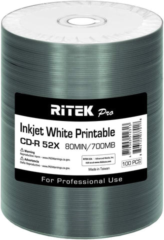 100 Pack Ritek Pro (Professional Grade) CD-R 52X 700MB White Inkjet Hub Printable Blank Media Recordable Disc