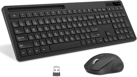 VIVEFOX Wireless Keyboard and Mouse - Keyboard with Phone Holder, 2.4GHz Silent USB Wireless Keyboard Mouse Combo, Full-Size Keyboard and Mouse for Computer, Desktop and Laptop (Black)