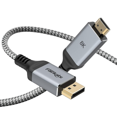 fairikabe 8K Displayport to HDMI Cable 6.6FT, DP 1.4 to HDMI 2.1 Cord Support 4K@144Hz/120Hz, 2K@240Hz, Uni-Directional DP to HDMI Cable for PC, HP, DELL, AMD, NVIDIA Graphics