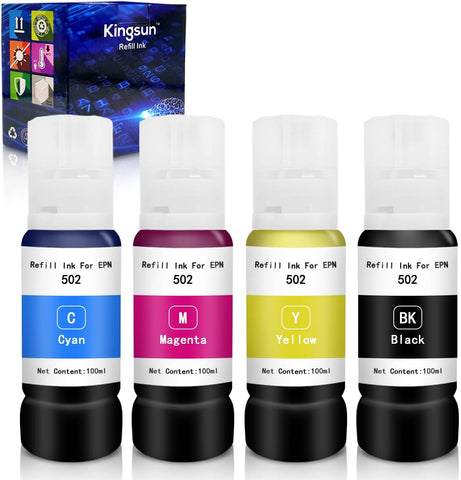 KSUMEI T502 Ink Refill Bottles Compatible with EcoTank Printers ET-2760 ET-4760 ET-3710 ET-3760 ET-2700 ET-2750 ET-3700 ET-3750(Black, Cyan, Magenta, Yellow)