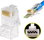 PETECHTOOL 100-Pack RJ45 Pass Through Connector 23AWG Cat6a Cat6 Ethernet Connector Gold Plated 8P8C RJ45 Ends for Solid or Stranded UTP Ethernet Cable