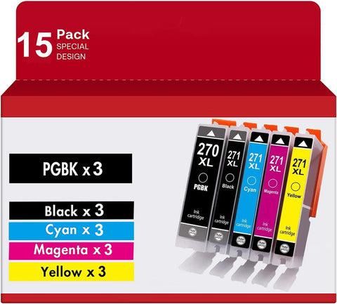 270 Ink Cartridges, Aoou 15 Pack Compatible PGI-270XL PGI-270 XL PGI 270 XL CLI-271XL CLI-271 XL Ink Cartridge for Canon PIXMA MX922 MG7720 TS8020 TS9020 Printe (3 Bk 3 PBK 3 C 3 M 3 Y) 15 Pack