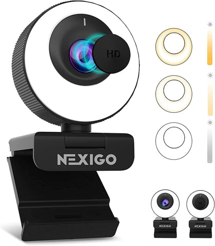 NexiGo N620E 60FPS AutoFocus ePTZ Webcam, 2X Digital Zoom, Ring Light & Privacy Cover, [Software Included], 1080P FHD Streaming Web Camera, Dual Stereo Mics, for Zoom Skype Teams