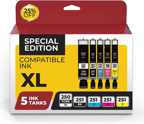 Canon PGI-250 & CLI-251 (5 Pack) High Yield Compatible Ink Cartridges. Package Includes PGI-250 Black, CLI-251 Black, Cyan, Magenta and Yellow Ink Cartridges