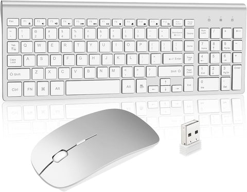 Wireless Keyboard and Mouse, Mute Compact Full Size USB Operation Easy Slim Business Portable Travel, Ergonomic, for Mac/PC/Laptop/Windows XP/ME/Vista / 7/8 / 10/11, 2 AA and 2 AAA, Grey Silver