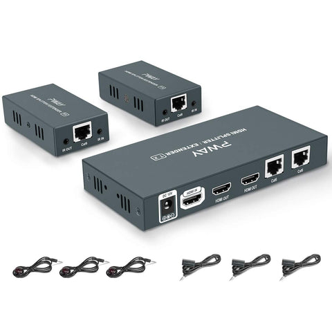 HDMI Extender Splitter 1x2 1080p Over Cat5e/Cat6/Cat7 Ethernet Cable with 2 HDMI Loop Out - Up to 50m/165ft - EDID Management & Bi-Directional IR Remote Control & POC Function (1 in 2 Out / 2-Port)