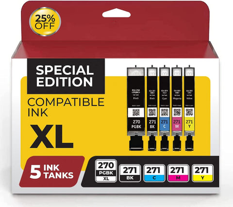 Canon PGi-270XL & Cli-271XL Compatible Replacement from InkjetsClub 5 Pack Ink Cartridges. Works Well with PIXMA MG5720 5721 5722 6820 TS8020 Printers. 2X Black, Cyan, Magenta, Yellow.