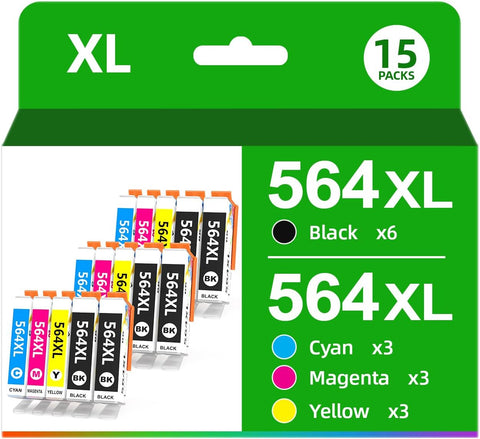 Compatible 564XL Ink Cartridge Replacement for HP 564 Ink Cartridges Combo Pack for HP 564XL Photosmart 5510 5520 6520 7520 Premium C309A C410A Printer (6 Black,3 Cyan,3 Magenta,3 Yellow,15-Pack)