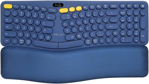 DeLUX Wireless Ergonomic Split Keyboard with OLED Screen, Numeric Pad, and Removable Wrist Rest, Multi-Device Rechargeable Keyboard Compatible with Windows and Mac (GM903-Blue)