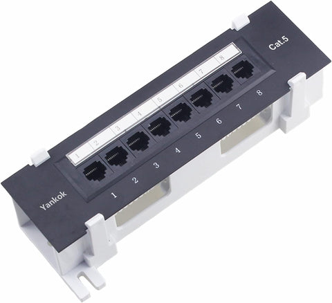 Yankok [CAT5/5e 8 Port Patch Panel] Unshielded with Coded T568A/B Wiring for RJ45 Network Cables Rack/Wall Mount 1U (Come with Bracket & Mini Punch Down Tool)