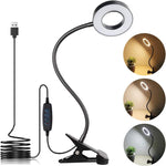 LuxLumin LED Desk Lamp with Clamp for Video Conference Lighting, USB Light for Laptop Zoom Meeting, Clip on LED Ring Light for Computer Webcam Lighting with 10 Brightness and 3 Color Dimmable Black