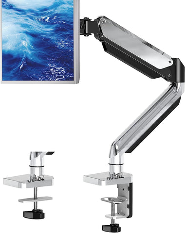 Single Monitor Desk Mount Stand - Height Adjustable Gas Spring Monitor Arm, Full Motion VESA Mount with Clamp and Grommet Base -Fits Screens up to 32 Inch, VESA 75x75, 100x100, Polished Aluminium