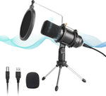 USB Microphone, Professional Condenser Computer PC Mic with Tripod Stand, Pop Filter, Shock Mount for Gaming, Streaming, Podcasting, YouTube, Voice Over, Skype, Twitch, Compatible with Laptop Desktop