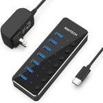 Powered USB Hub RSHTECH Type C to 7 Port USB 3.0 Data Port Hub Expander Aluminum Portable Splitter with Universal 5V AC Adapter and Individual On/Off Switches for Laptop and PC(Black)