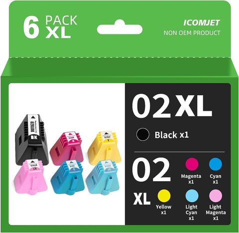 ICOMJET 6 Pack High Capacity Compatible Ink Cartridges Replacement for HP 02 Ink Cartridge, Work with HP Photosmart 3110 3310xi C6280 C7280 D7460 C8180 C5180 D7155 D7160 Printer