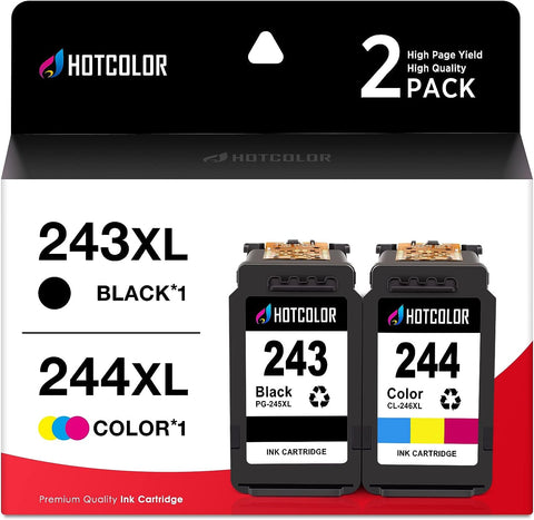 HOTCOLOR PG-243 CL-244 Replacement for Canon Ink cartridges 243 and 244 for Canon 243 Black Ink for Canon mg2522 Ink cartridges PIXMA TS3120 TS3122 MX492 MG2525 TR4520(1Black/1Tri-Color, 2PK)