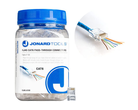 Jonard Tools 100 Pack RJ45 Passthrough Connectors for CAT6/CAT6a Ethernet Cable (RJ45-6100)