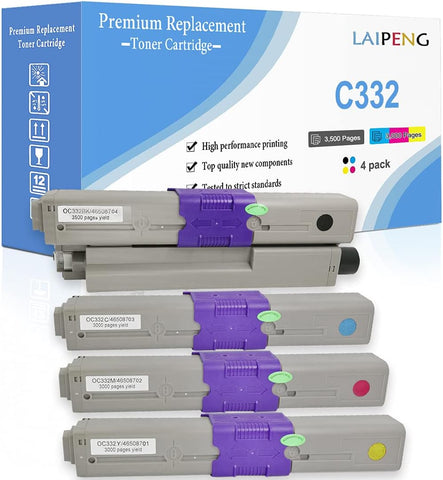 LAIPENG Compatible Toner Cartridges OKI C332 MC363 C332dn MC363dn C332dnw MC332dnw 4 Colors 3500 Pages for Black 3000 Pages for C M Y for OKI Okidata Color Laser Printers