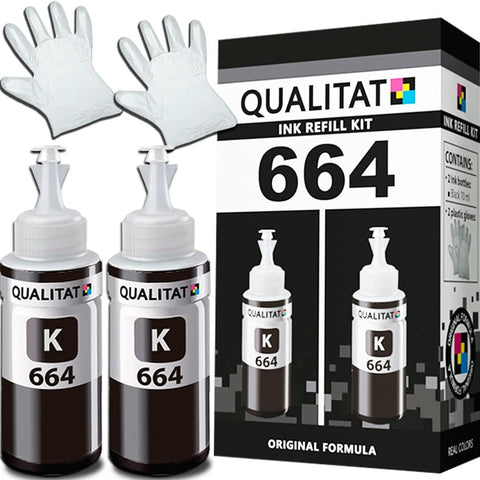 QUALITAT Epson 664 Ink Refill Bottles | Epson Ink 664 Black Refill Kit | Ink Storage Box + 2 Black Bottles + 2 Gloves | 664 Ink EcoTank Expression ET-2650, ET-2550 Black Ink, ET-2600, L355, L565