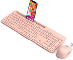 Wireless Keyboard and Mouse Combo, WisFox 2.4G USB Wireless Ergonomic with Phone Holder, Full-Size Keyboard and Mouse Set for Computer, Laptop and Desktop(Pink)