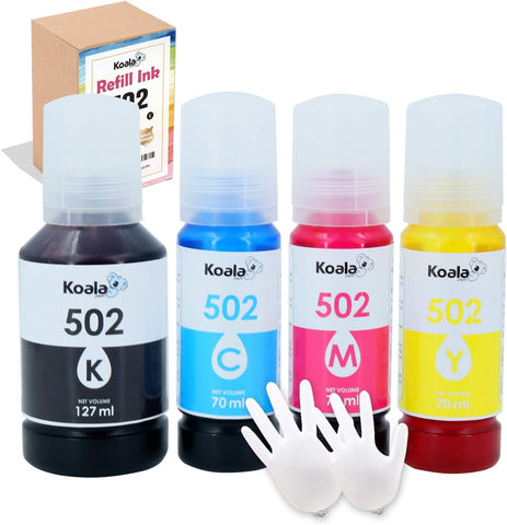 Koala Compatible Refilled Ink Bottle Replacement for 502 T502 Compatible with ET-2700 ET-2750 ET-2760 ET-3750 ST-2000 ST-3000 ST-4000 Printer Black, Cyan, Magenta, Yellow,4 Pack