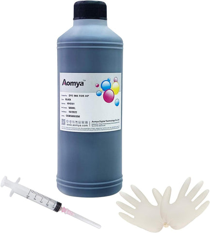 Aomya Compatible HP Black Ink Refill Kit 500ml Dye Bulk Ink for HP Inkjet Printers Refillable Cartridge CISS CIS System (16.9 oz) with Syringe&Glove