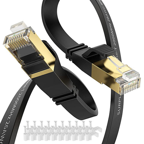 Cat8 Ethernet Cable 30FT-Black-40Gbps Solid Conductor & Shielded & Ground Wire Long Distance Internet Network Flat Cord,Gold-Plated RJ45 Cat 8 LAN Line for PS5,Xbox,Hub,Router,NAS(20 Clips)