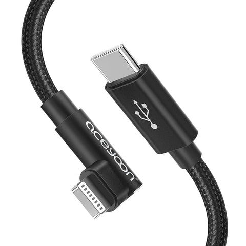 aceyoon MFi Certified USB C to Ligthning Cable 6ft Right Angle Fast Charging C to iPhone 90 Degree Nylon Braided L Shaped Power Delivery for i12 Pro/SE / i11 Pro/Max XS/XR/XS / i8 Plus, Pad