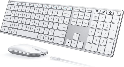 Wireless Bluetooth Keyboard and Mouse Combo (USB + Dual BT), seenda Multi-Device Rechargeable Slim Keyboard and Mouse, Compatible for Win 7/8/10, MacBook Pro/Air, iPad, Tablet - White Silver