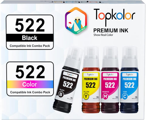 Topkolor T522 522 Refill Ink Bottle Replacement for Epson Compatible 522 Ink Refill Bottles Use for EcoTank ET-2720 ET-2800 ET-2803 ET-2710 ET-4700 ET-4800 ET-1110 Printer, 4-Bottles