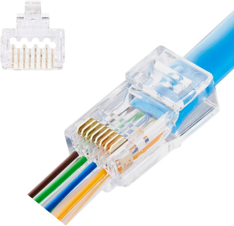 Quilence Staggered CAT6 CAT5E Pass Through Connectors RJ45 Connectors Gold Plated Ethernet Ends Plug Network Cable Connectors for 24AWG CAT6 CAT5E Cable (24AWG-50pcs)