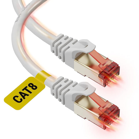 Cat 8 Ethernet Cable 15ft (2 Pack) - High Speed Cat8 Internet WiFi Cable 40 Gbps 2000 Mhz - RJ45 Connector with Gold Plated, Weatherproof LAN Patch Cord Cable for Router, Gaming, PC - White - 15 feet