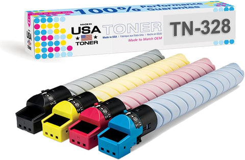 MADE IN USA TONER Compatible Replacement for use in Konica Minolta TN328K, TN328C, TN328M, TN328Y, bizhub C250i, C300i, C360i, (Black, Cyan, Yellow, Magenta, 4 cartridges)