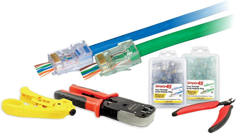 Simply45 Pass-Through Cat5e/6 UTP Starter Kit - Includes (50) Cat5e Unshielded Clamshell, (50) Cat6 Unshielded Clamshell, Cutter Tool, RJ45 Crimp Tool, and Cable Stripper - S45-PTK56U