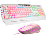 Pink Keybaord USB Gaming Keyboards and Mouse Combo, GT817 104 Key Rainbow Backlit Keyboard and Mouse Set, Computer Keyboard USB Wired Mouse for Windows PC Gamers (White & Pink)